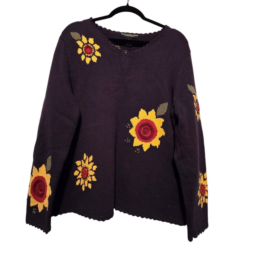 Monterey Bay Sweater Women LG Sunflowers Cotton Artsy Art-to-wear Fairycore Boho